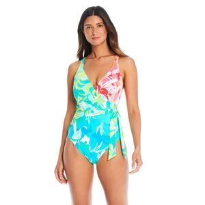 Bleu by Rod Beattie Women Tropical Surplice Tied One-Piece Swimsuit Size US 6